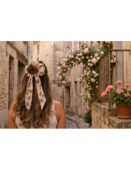 Chouchou cheveux femme ruban fleuri ivoire pêche - Céliane - Bohomane