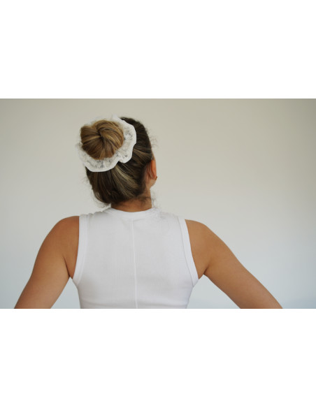 Chouchou cheveux femme tulle brodé fleurettes blanc - Léonore - Bohomane