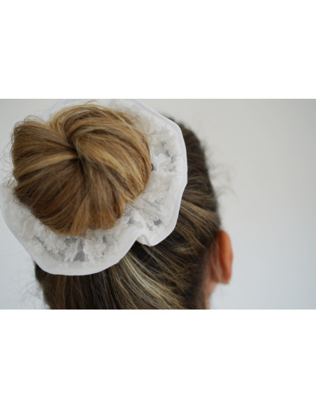 Chouchou cheveux femme tulle brodé fleurettes blanc - Léonore - Bohomane