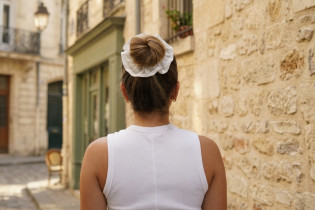 Chouchou cheveux femme tulle brodé fleurettes blanc - Léonore - Bohomane 2