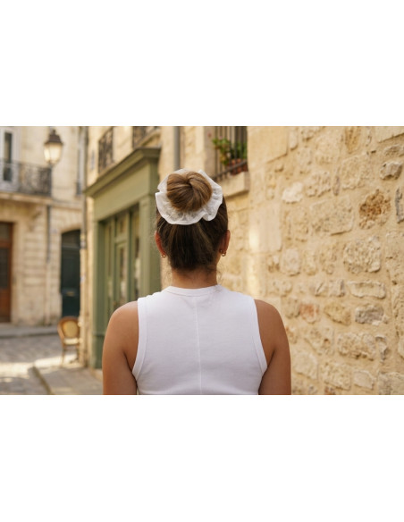 Chouchou cheveux femme tulle brodé fleurettes blanc - Léonore - Bohomane