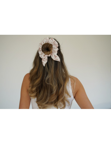 Chouchou cheveux femme nœud fleuri ivoire rose - Novalie - Bohomane