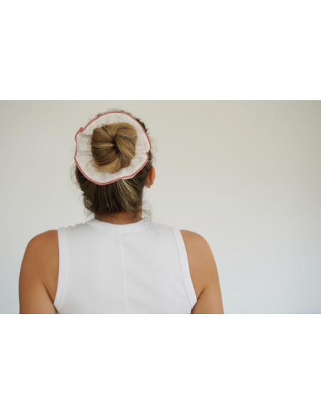 Chouchou nœud cheveux femme fleuri ivoire rose - Alméa - Bohomane