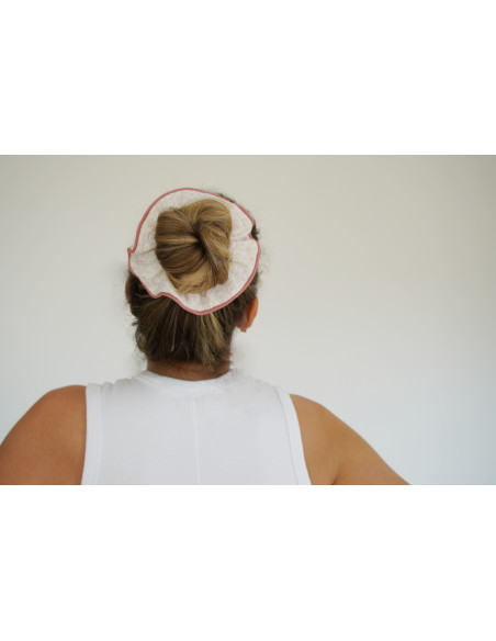 Chouchou nœud cheveux femme fleuri ivoire rose - Alméa - Bohomane