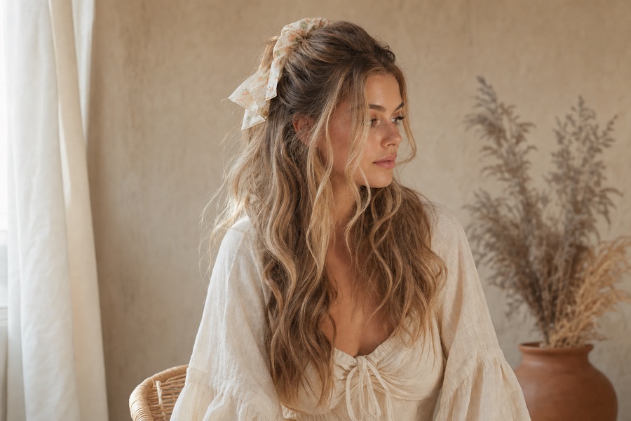 Demi-queue romantique avec chouchou noeud sur cheveux ondulés style bohème