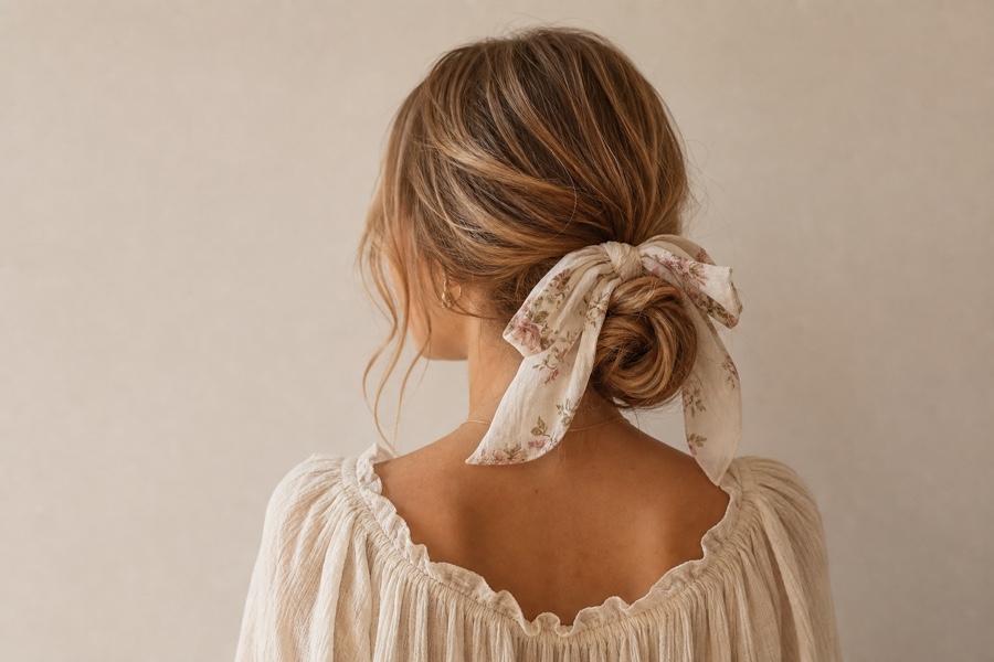 Chignon bas flou retenu par un chouchou noeud gaze fleuri