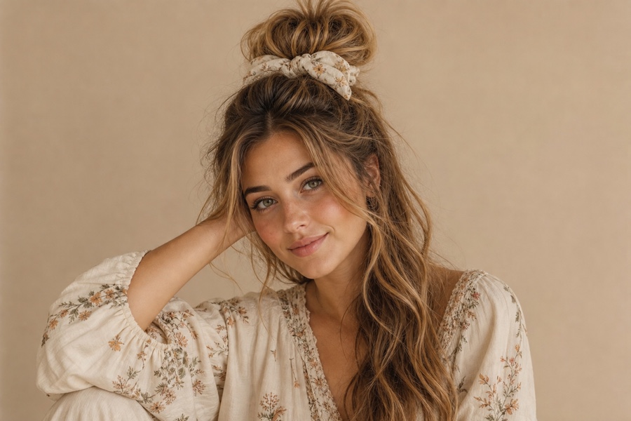 Chignon haut désorganisé avec chouchou noeud sur chevelure fournie