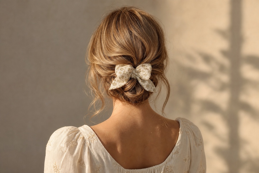 Chignon torsadé bas avec chouchou noeud satin ou gaze