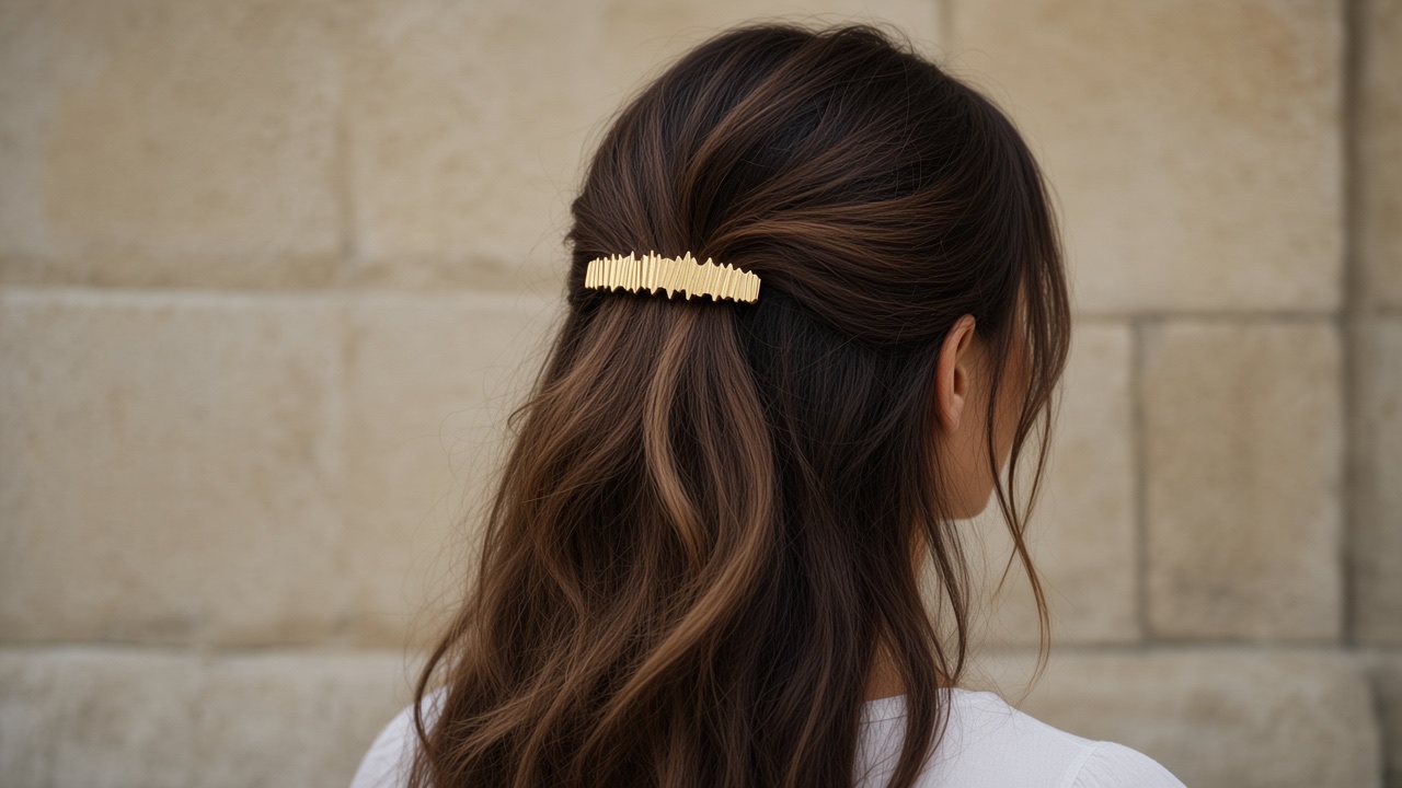 Barrette Liora texturée dorée portée en demi-attache sur cheveux bruns