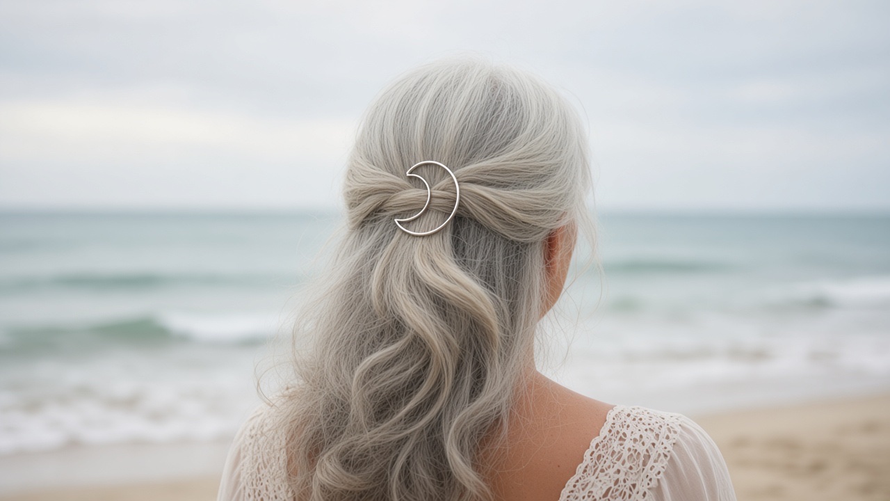 Barrette Luna argentée croissant de lune portée sur cheveux gris argentés