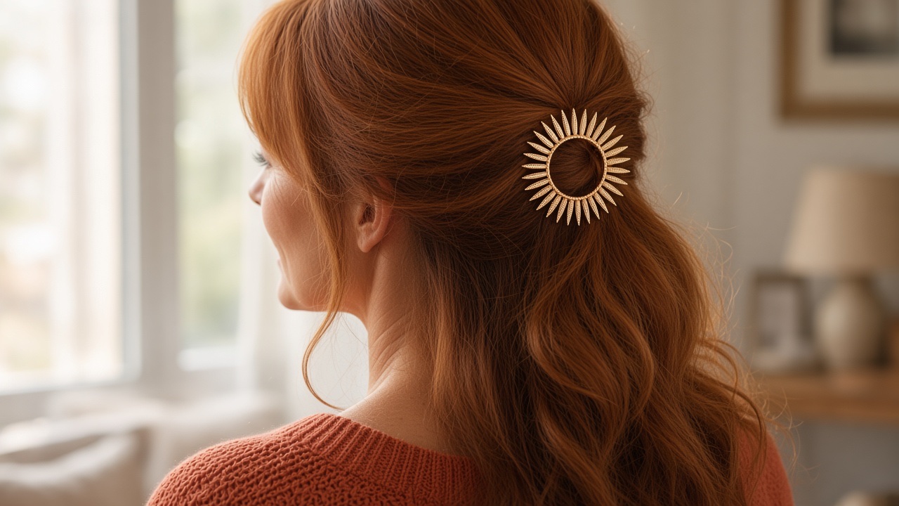 Barrette Manaé soleil doré portée sur cheveux auburn cuivrés