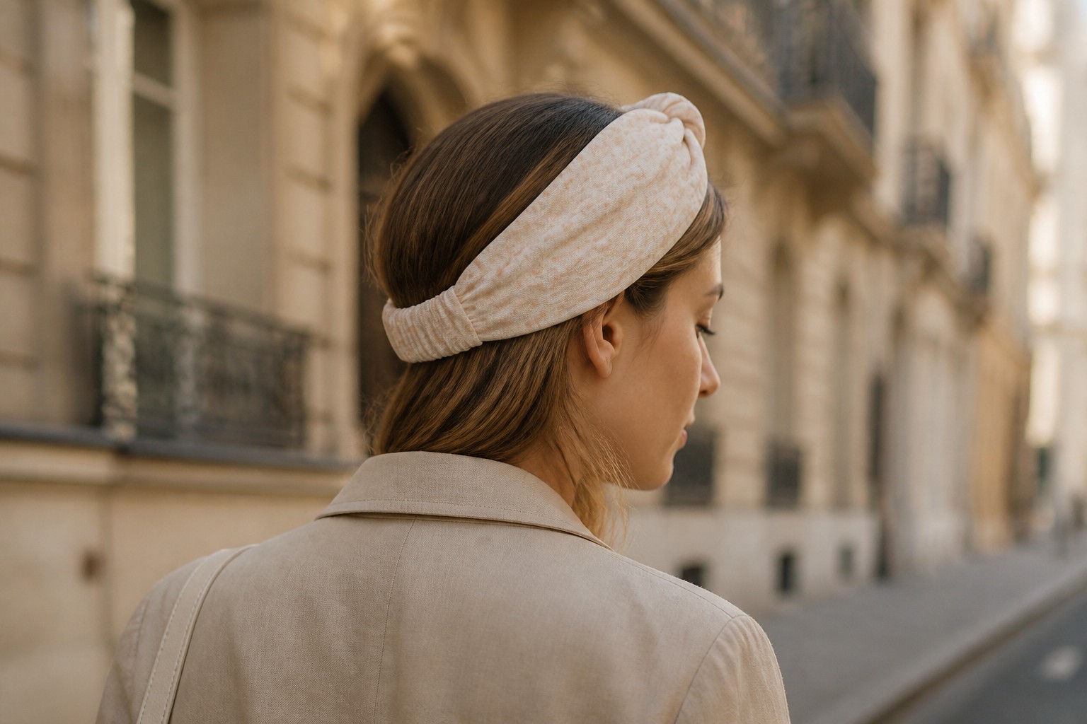 Bandeau Alba Léopard Nude porté de dos en ville, cheveux ramenés derrière
