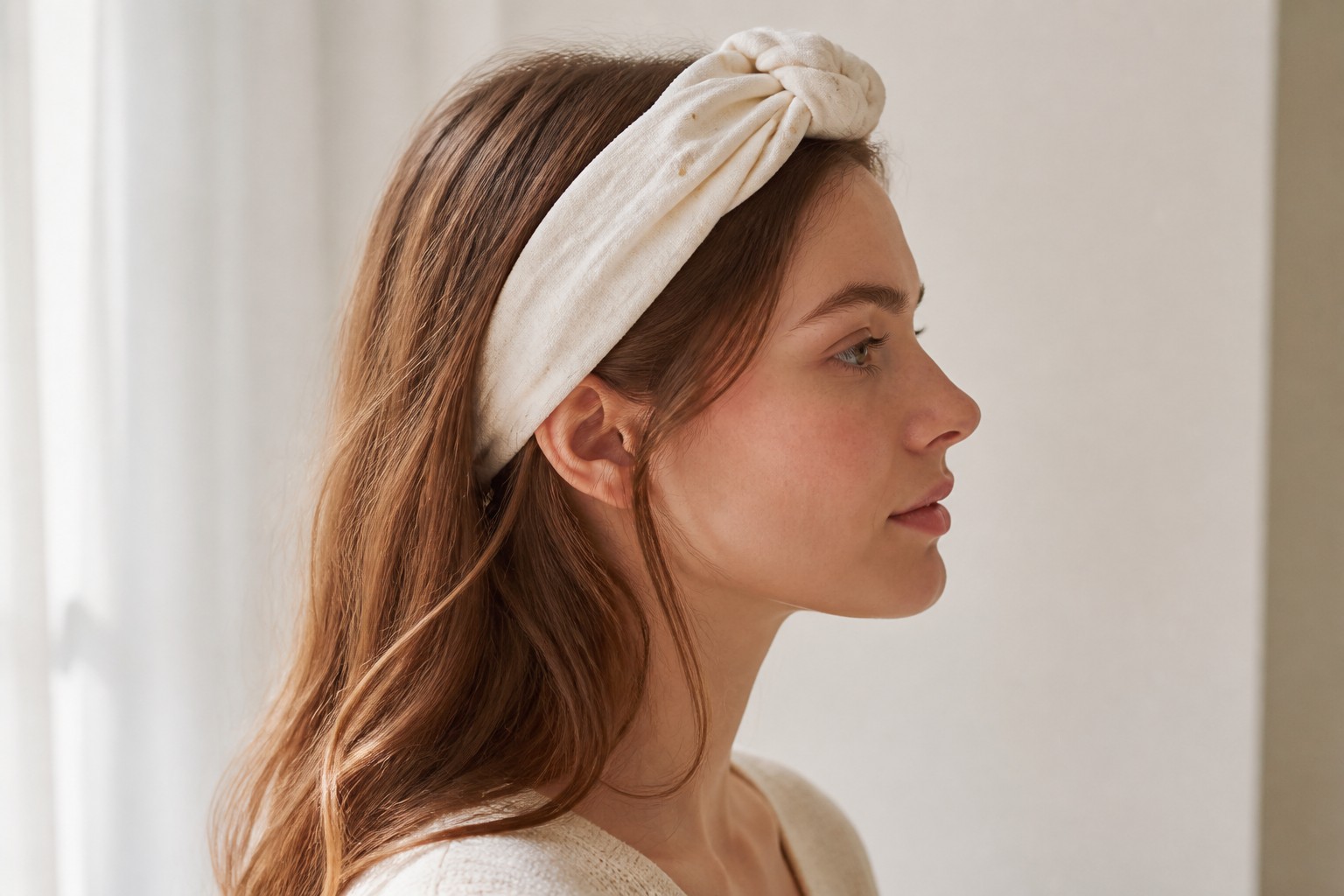 Bandeau Lina Écru et Doré porté de profil, longueurs souples, studio