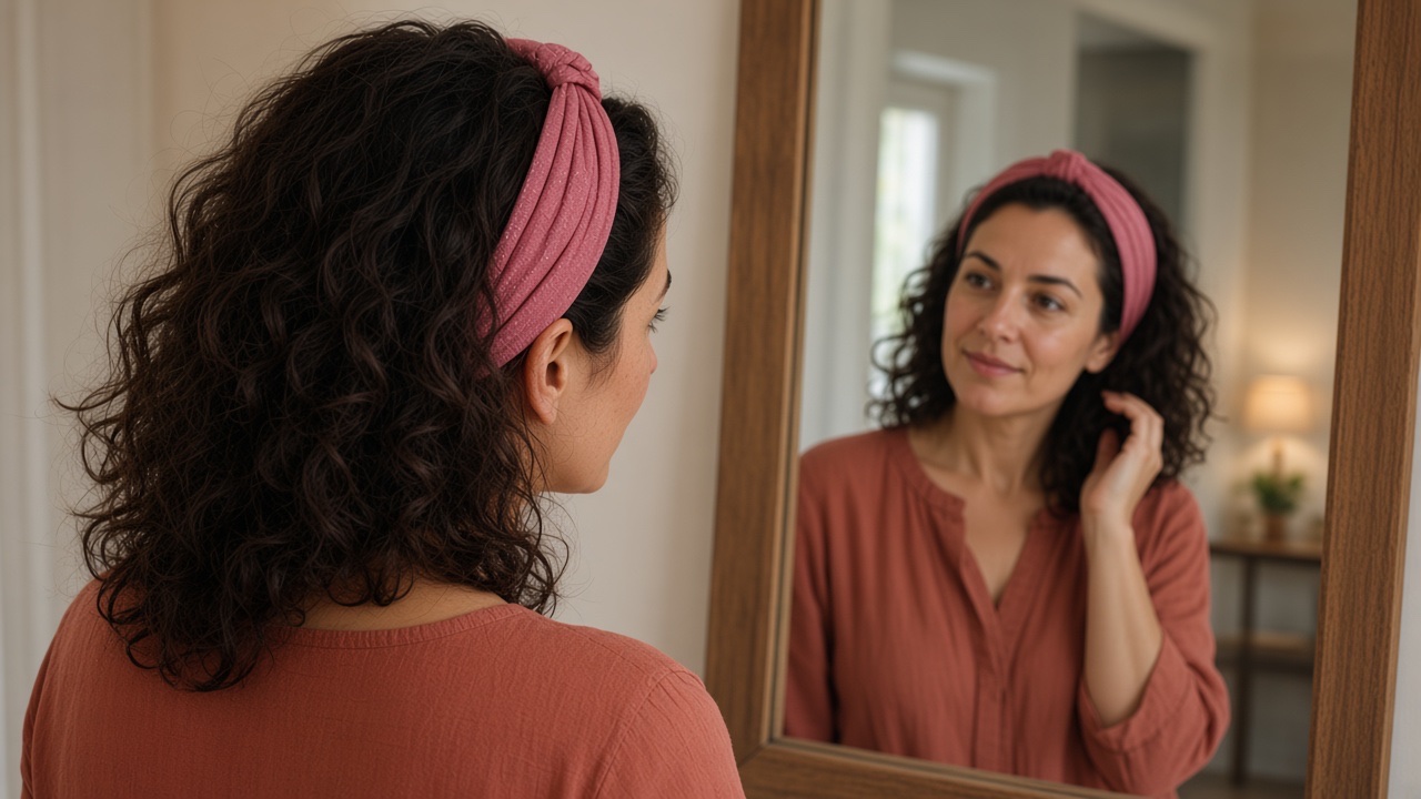 Bandeau Aélia rose scintillant porté devant un miroir par une femme aux cheveux bouclés