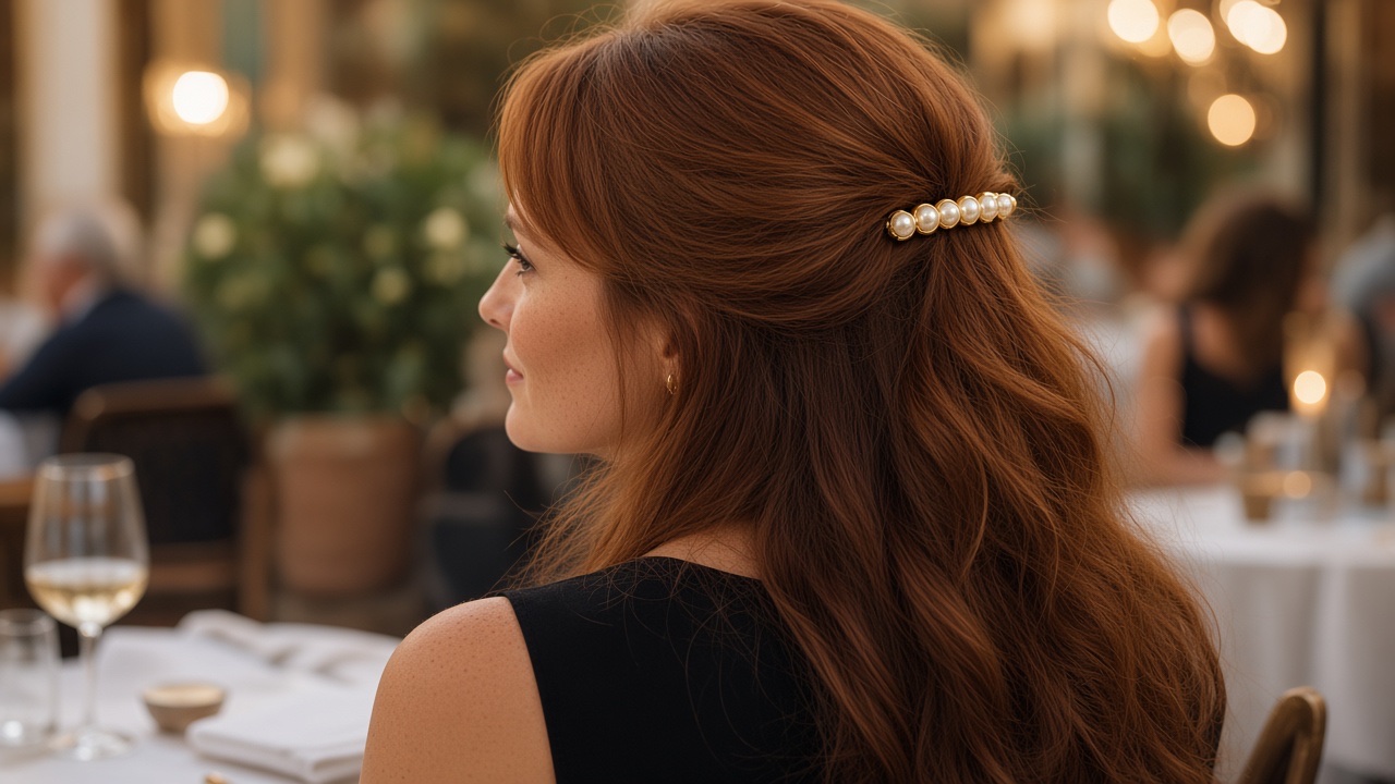 Barrette Aubeline dorée à perles rondes portée sur une demi-queue dans un restaurant