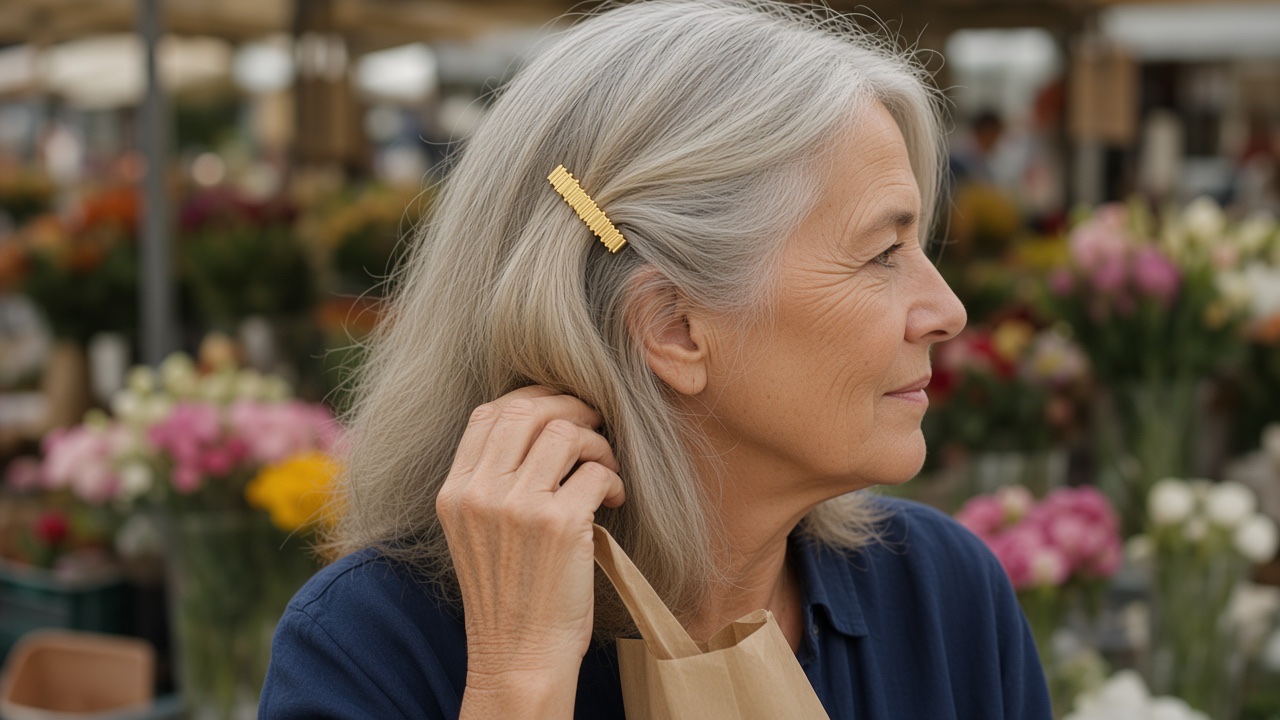 Barrette Liora texturée dorée portée au-dessus de l’oreille par une femme aux cheveux argentés